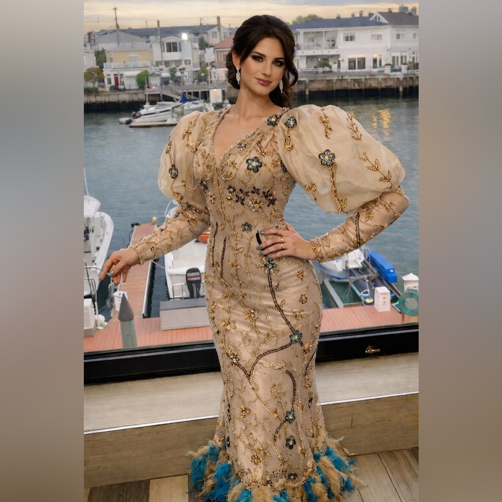 Blue feather rhinestone dress
